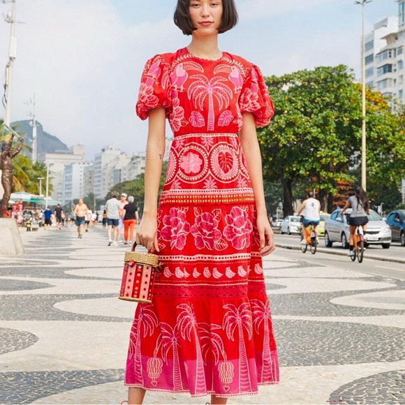 COPY -FARM Rio Red Summer Sunrise Midi Dress small - Picture 3 of 7